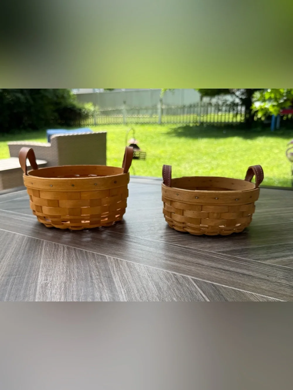 Longaberger Brown Woven Basket Pair with Leather Handles